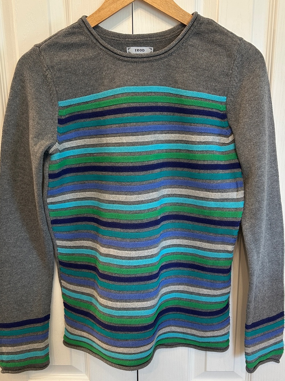 IZOD 100% Cotton Striped Crewneck Sweater Gray Multi Color Size S EUC